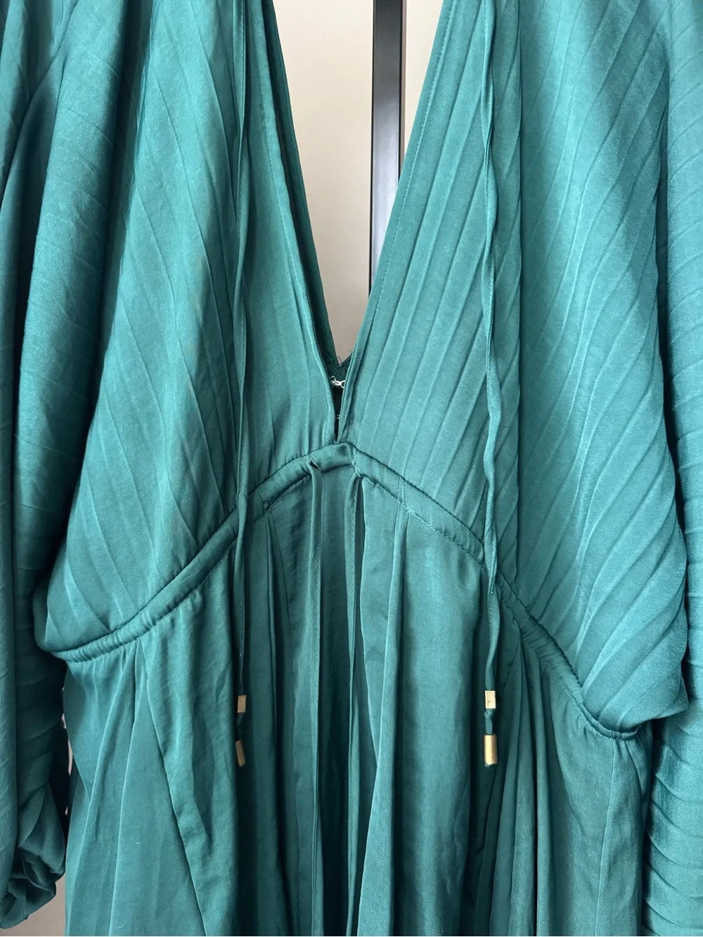 Free people Emerald Green V-Neck Mini Dress with Tie Waist - Picture 5 of 11
